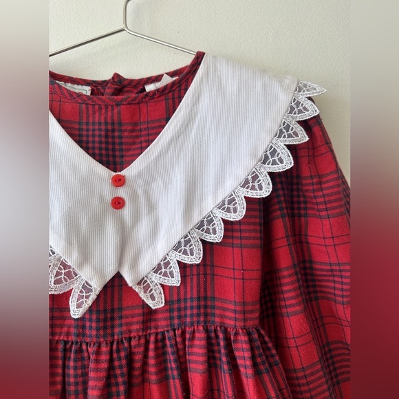 Vintage - Plaid Flannel Collar Dress - Long Sleeve- Red/Navy - Size 6 - Picture 2 of 9